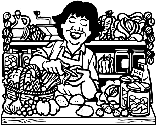 Happy cook amid various vegetables vinyl sticker. Customize on line. Fruit Vegetables 042-0157